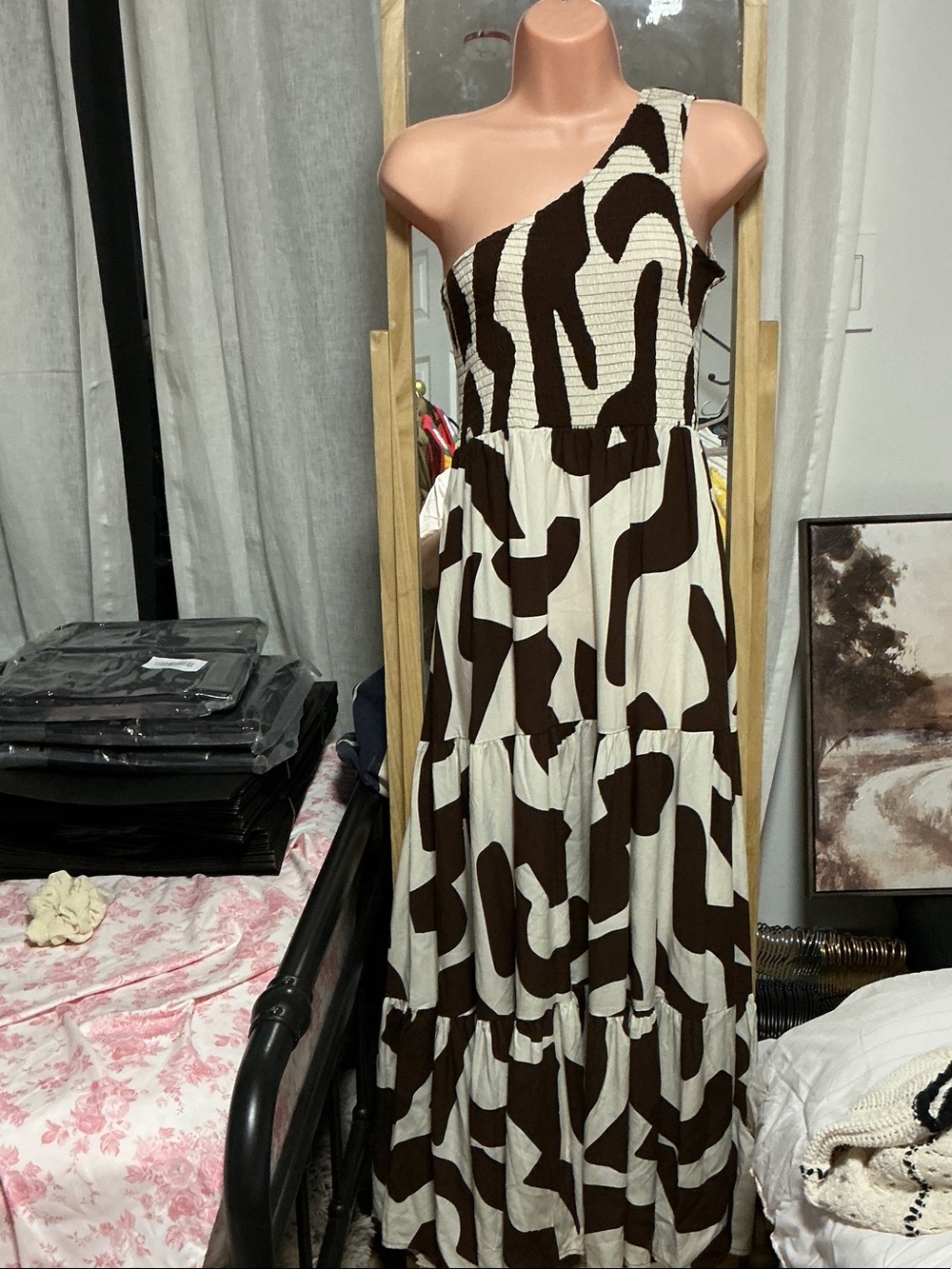 One-Shoulder Brown and Cream Maxi Dress Abel the label